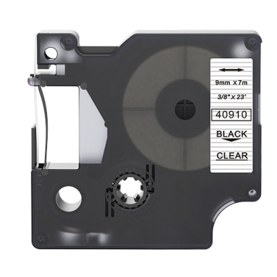 Dymo 40910 compatible labeltape, black on transparent, 9mm x 7m