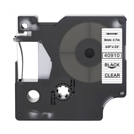Dymo 40910 compatible labeltape, black on transparent, 9mm x 7m