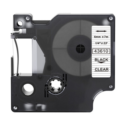 Dymo 43610 compatible labeltape, black on transparent, 6mm x 7m