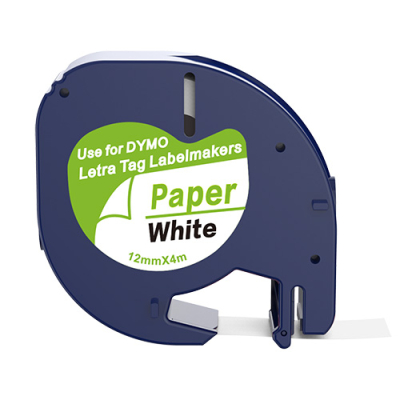 Dymo 91200 compatible labeltape, black on white, 12mm x 4m