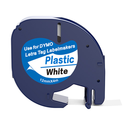 Dymo 91201 compatible labeltape, black on white, 12mm x 4m