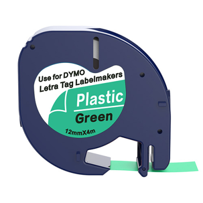Dymo 91204 compatible labeltape, black on green, 12mm x 4m