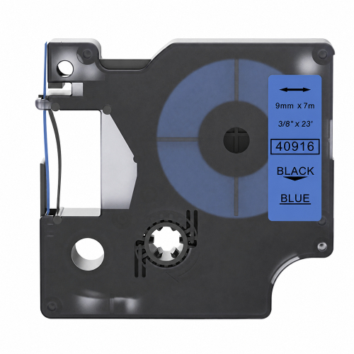 Dymo 40916 compatible labeltape, black on blue, 9mm x 7m