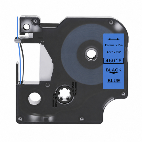 Dymo 45016 compatible labeltape, black on blue, 12mm x 7m