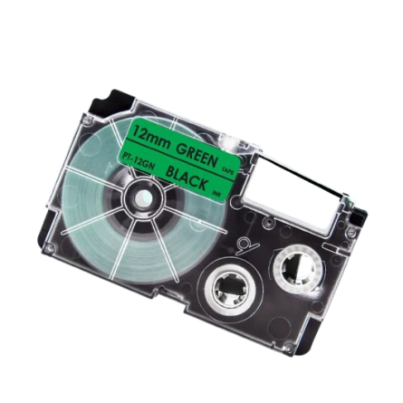Casio XR-12GN compatible labeltape, black on green, 12mm x 8m