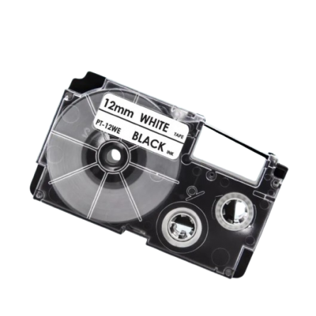 Casio XR-12WE compatible labeltape, black on white, 12mm x 8m
