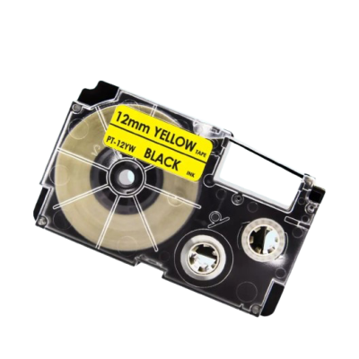 Casio XR-12YW compatible labeltape, black on yellow, 12mm x 8m
