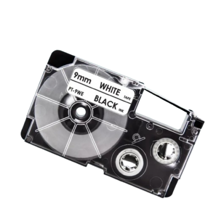 Casio XR-9WE compatible labeltape, black on white, 9mm x 8m